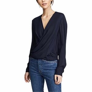 L'AGENCE Gia Silk Navy Draped Front Blouse
